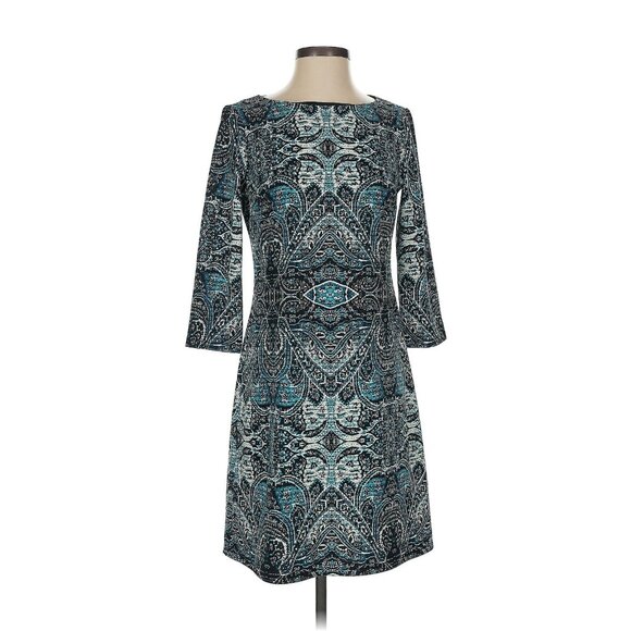 London Times Teal Print Shift Dress Sheath Size 4 Office Career Work Evening - Picture 1 of 6